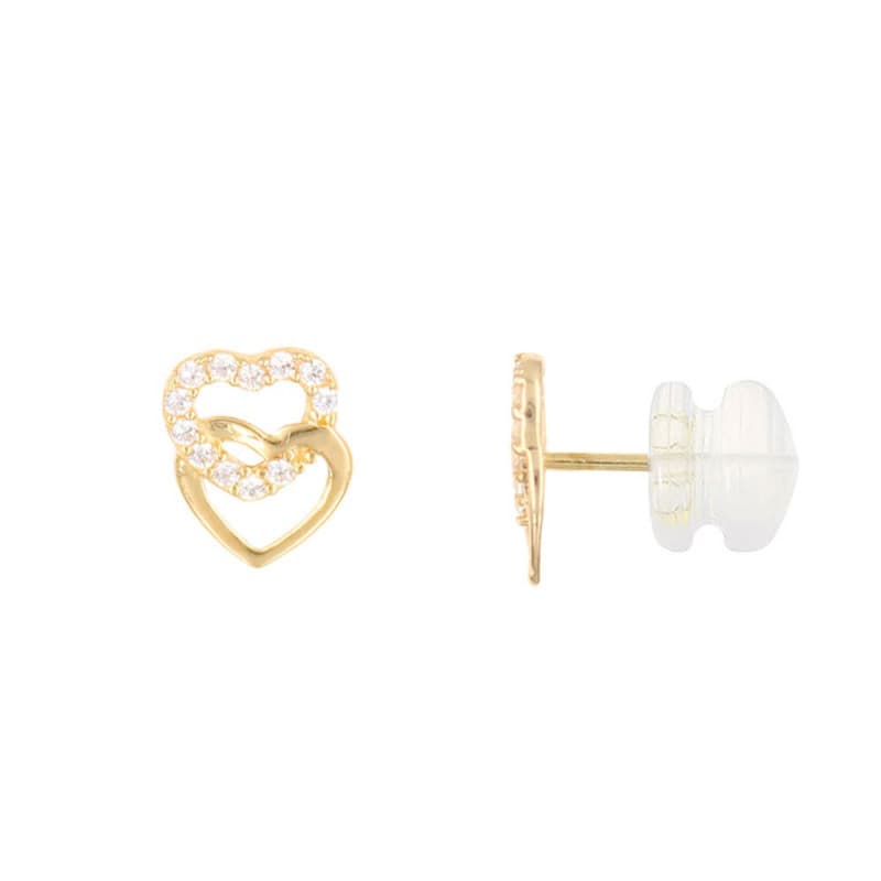 Boucles d'Oreilles Or Jaune - Coeurs Enlacés Pavés de Zirconiums - Femme ou Enfant