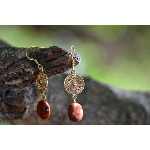 Boucles d'oreilles dorées or fin Rosace acajou