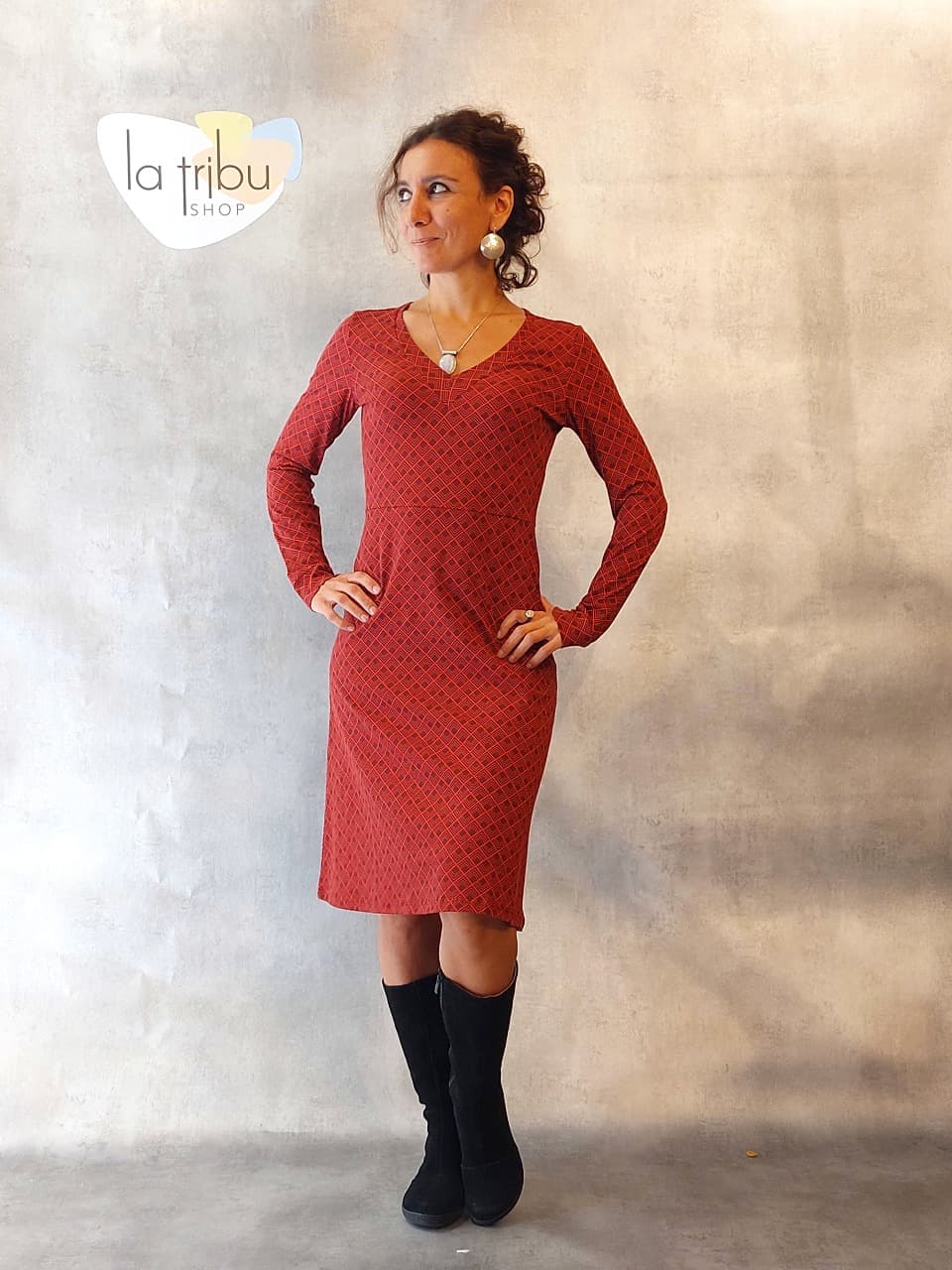 Robe Tranquillo Jersey Kleid V neck (Geometric) - Large