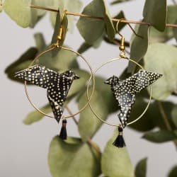 Boucles d'oreilles Origami Créoles Colombes Noires et Or