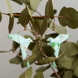 Boucles d'oreilles Origami Créoles Colombes menthe