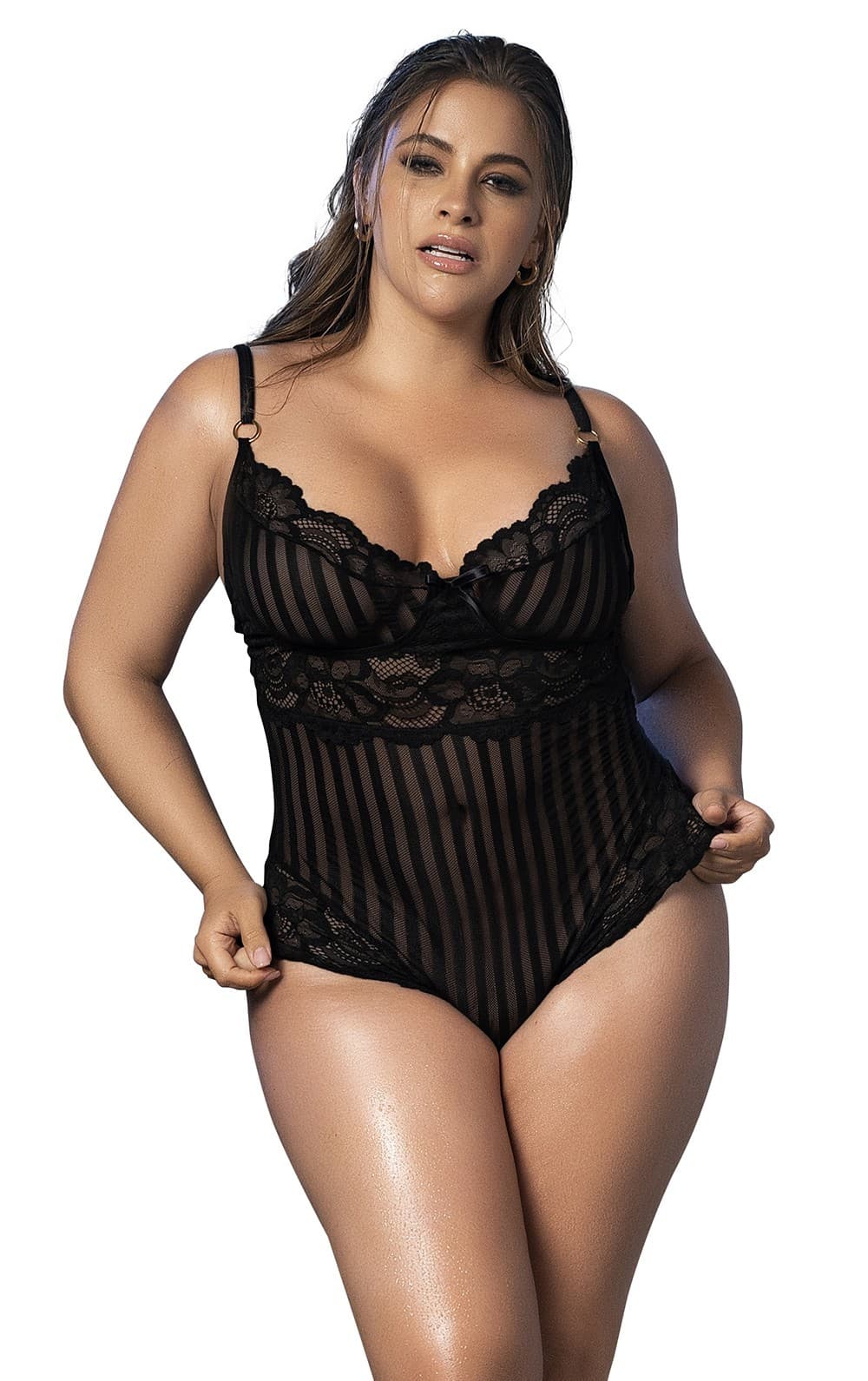 Body noir rayé en dentelle et fine résille grande taille