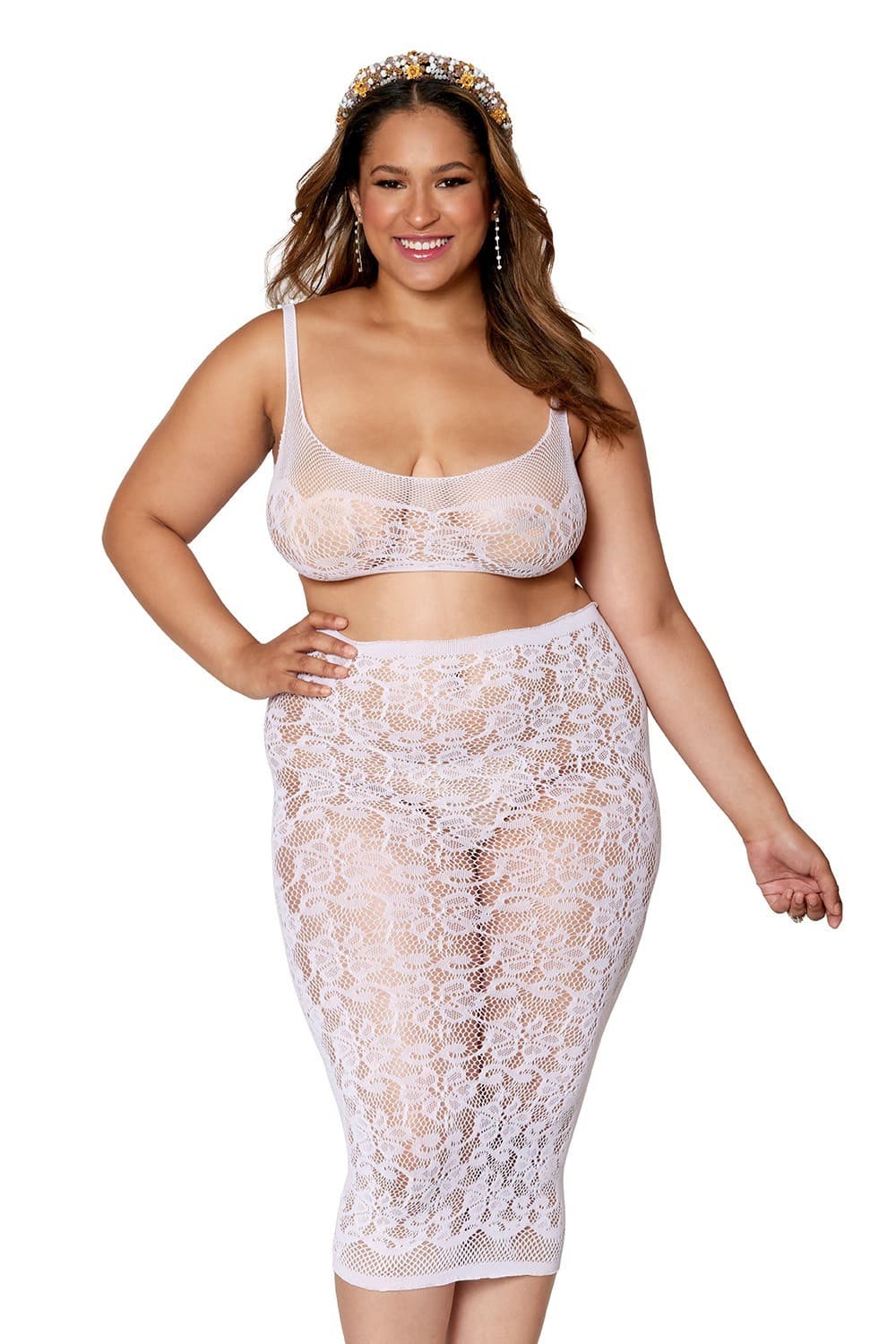 Ensemble 2 pièces, grande taille, brassière résille et jupe assortie
