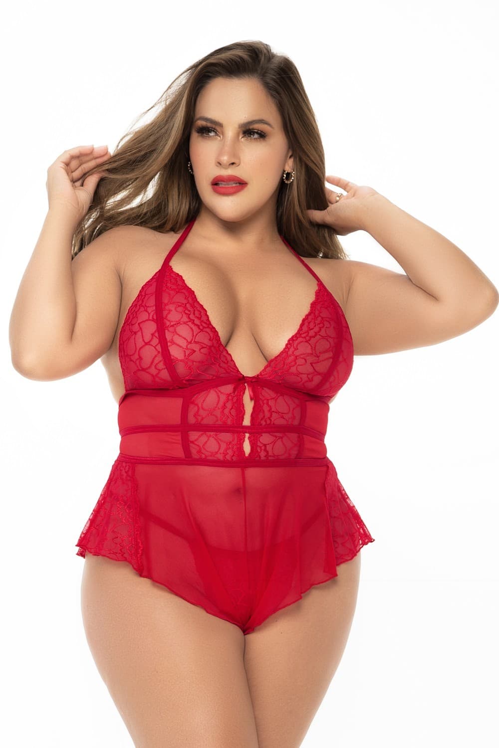 Body rouge grande taille style babydoll et string