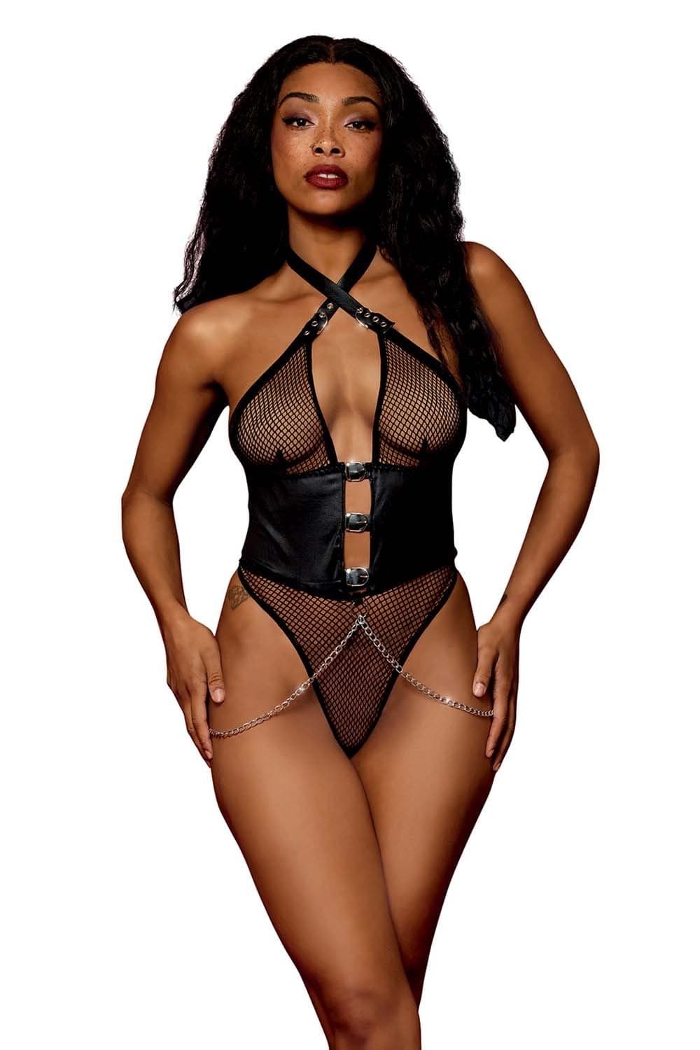 Body string noir en résille avec chaînes