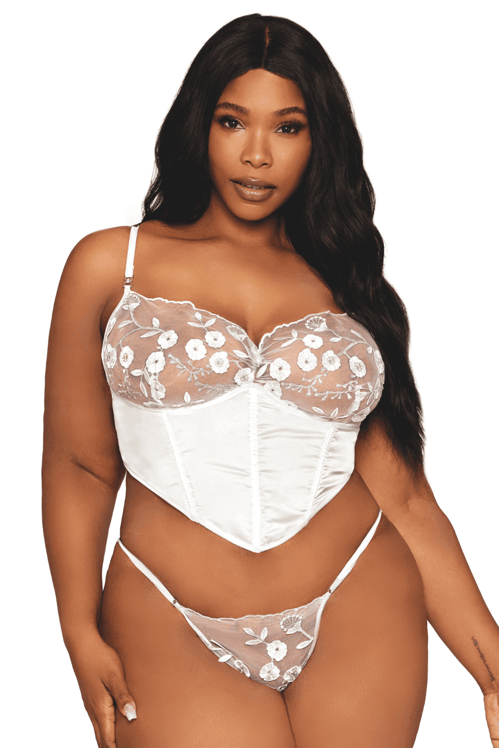 Bustier blanc avec armatures grande taille, en satin et dentelle florale - DG13262XWHT