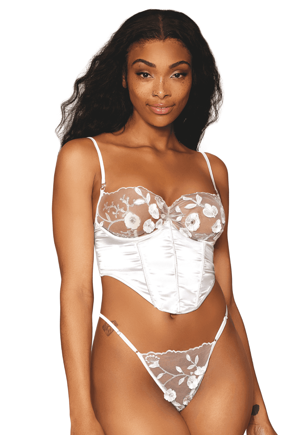Bustier blanc avec armatures, en satin et dentelle florale - DG13262WHT