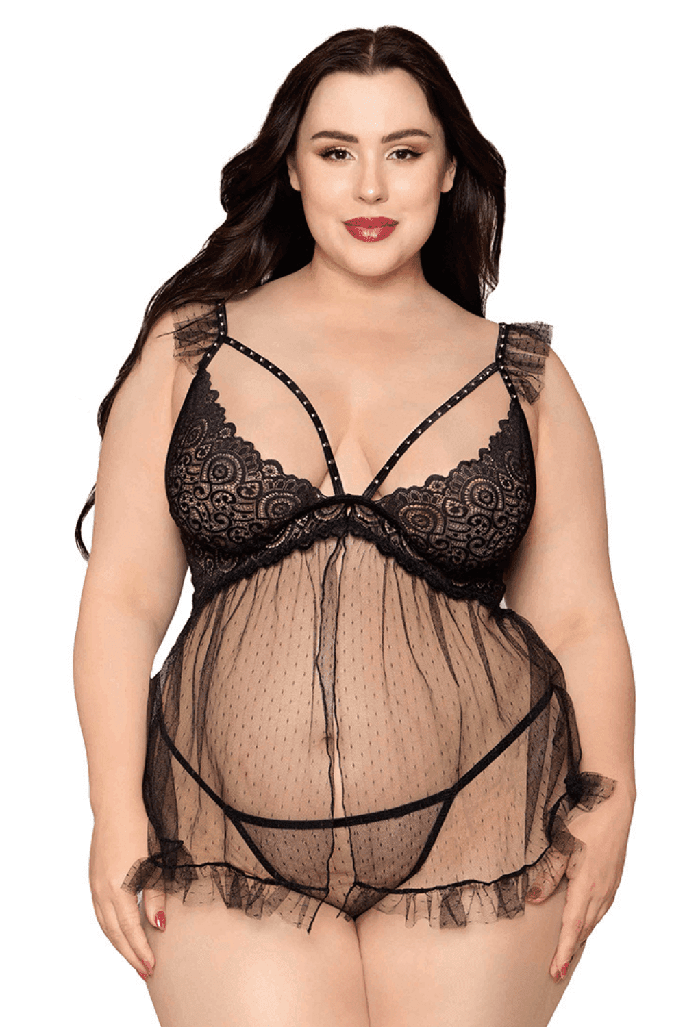 Babydoll grande taille noir et string assorti - DG13694XBLK