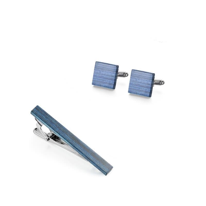 Ensemble de boutons de manchette et pince cravate bleu en bois pour hommes