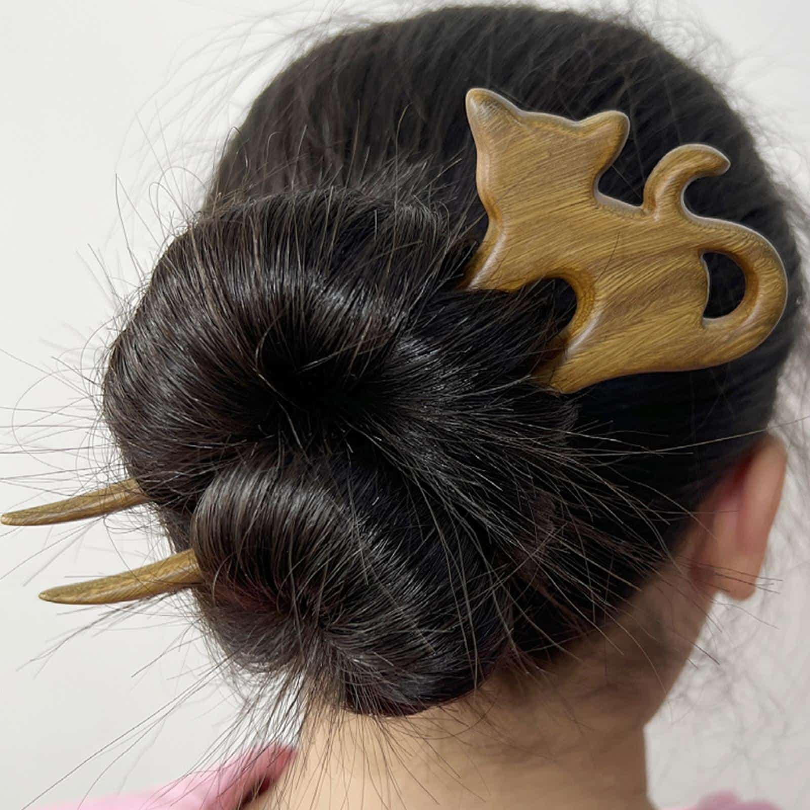 Broche à cheveux en bois pour femmes Chat