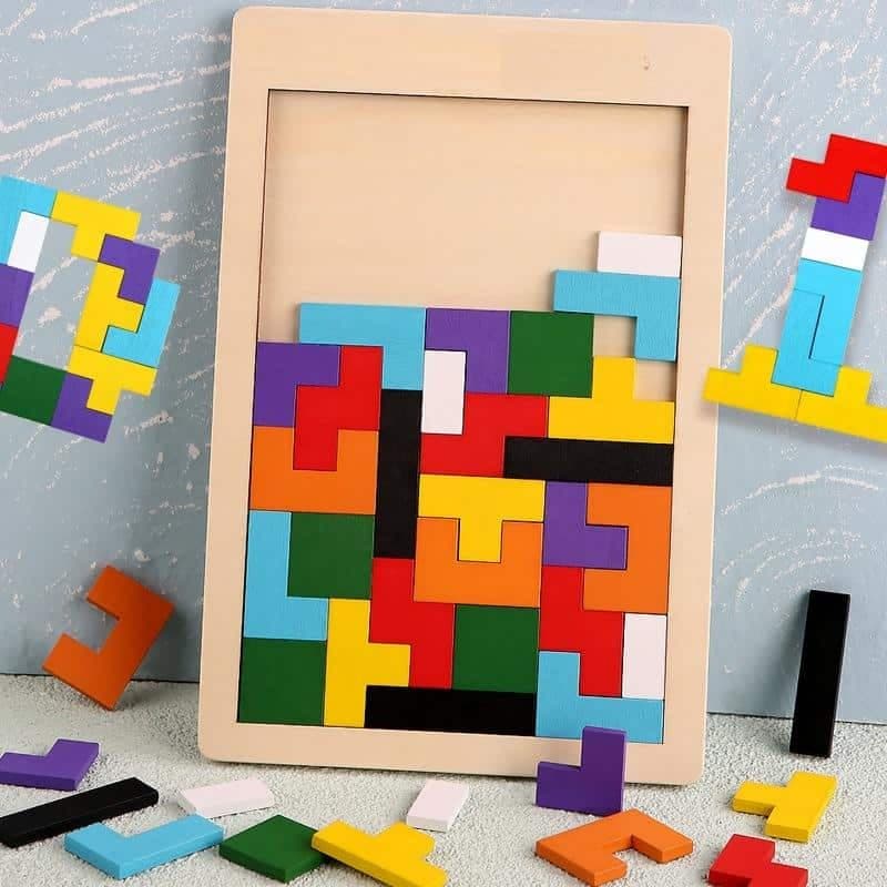 Puzzle 3D en bois coloré, style Tetris
