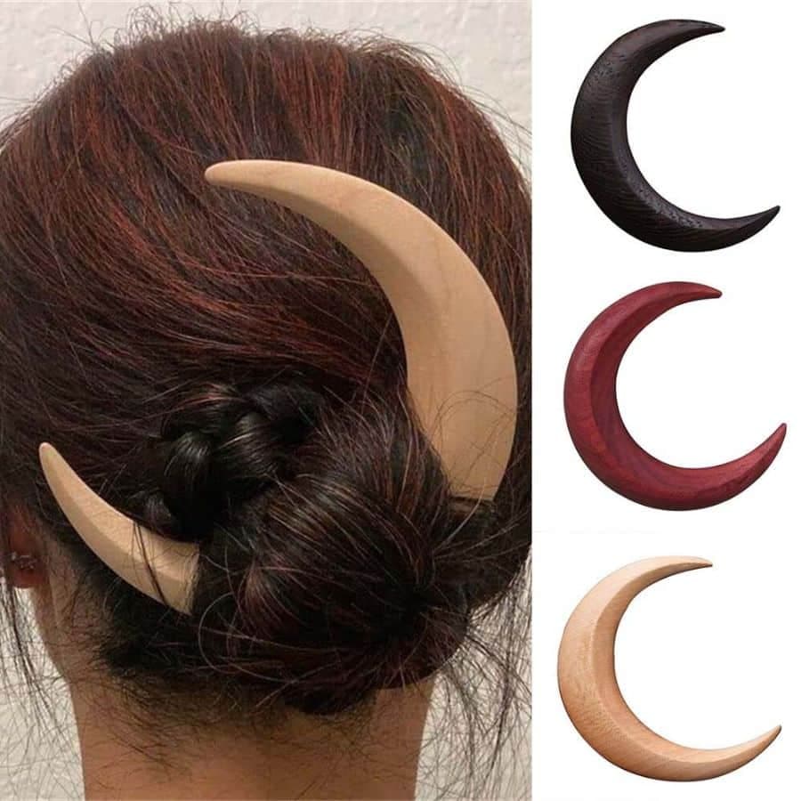 Fourche à cheveux en forme de quart de lune en bois pour femme Noir