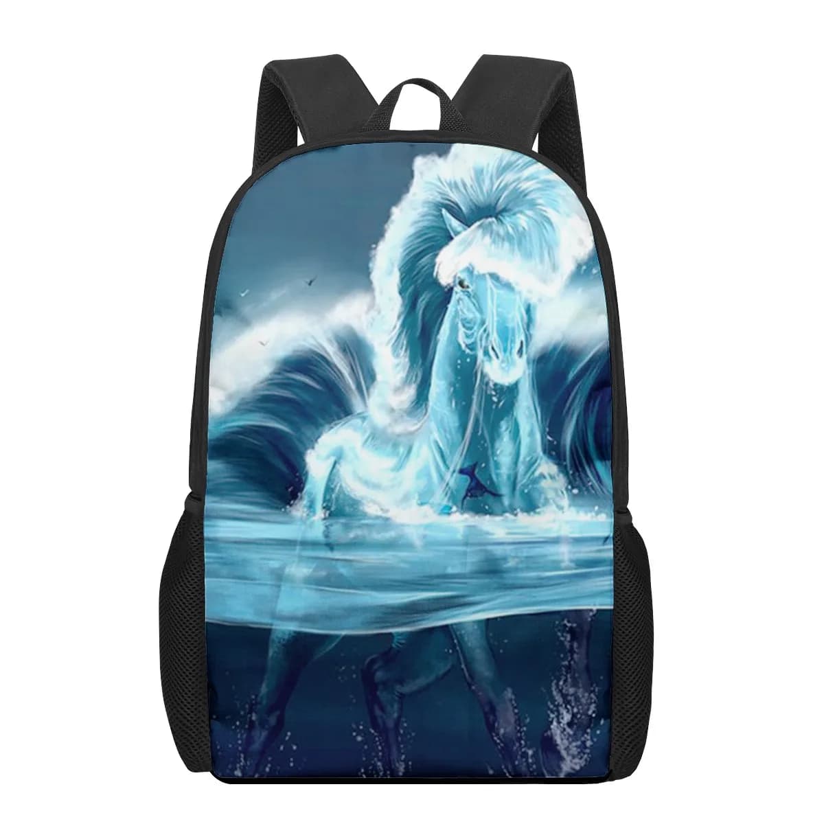Zwarte rugzak met blauwe waterpaard print