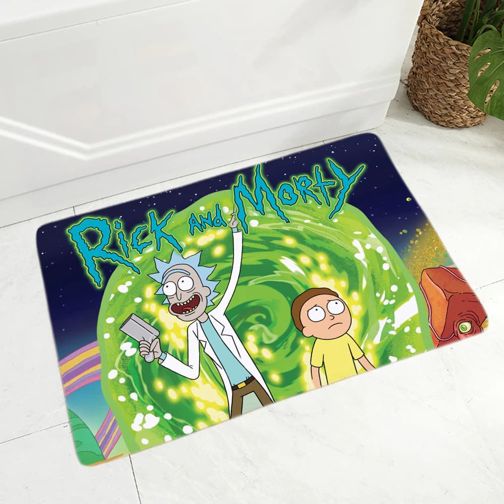 Paillasson Rick et Morty devant le portail vert