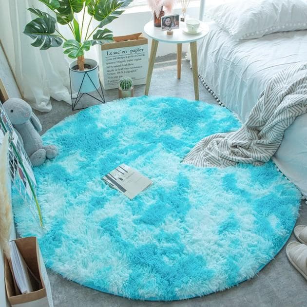 Paillasson rond poils peluche bleu - Bleu - 80X80 cm