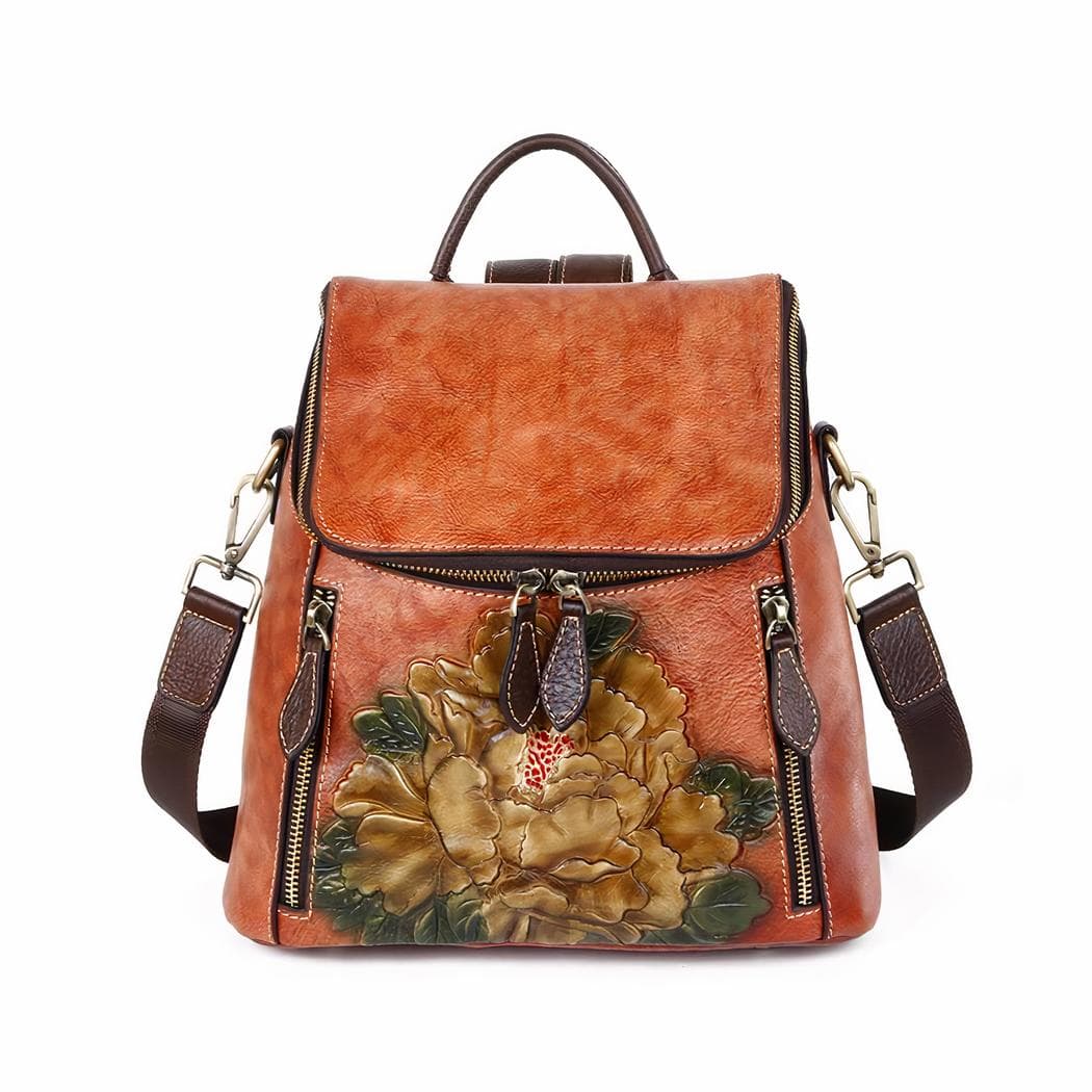 Sac Ă dos cuir femme Ă motif floral - marron