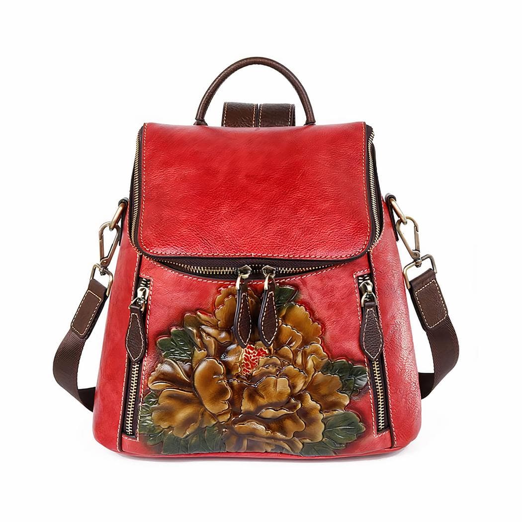 Sac Ă dos cuir femme Ă motif floral - rouge