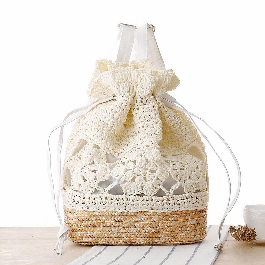 Sac Ă dos femme en paille Ă cordon coulissant - blanc