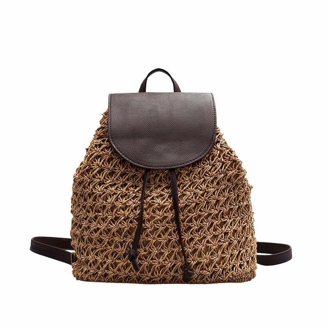 Sac Ă dos femme en paille avec cordon de serrage - marron