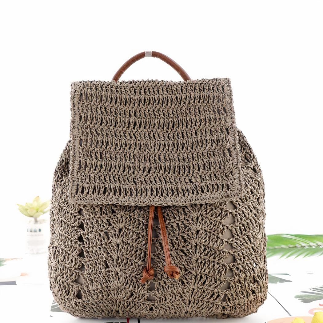 Sac à dos femme en paille tissé pour l'été - gris