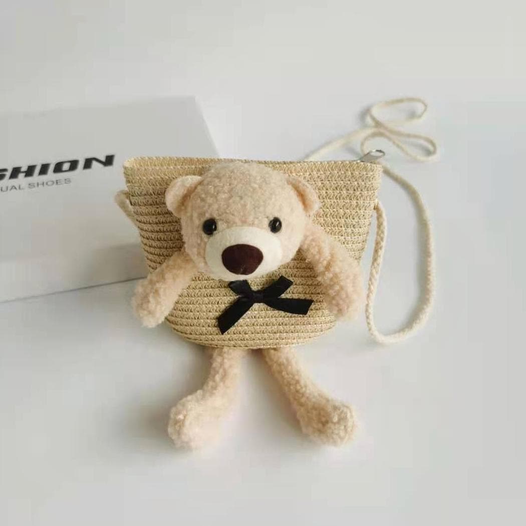 Sac à bandoulière en paille colorée avec ourson - beige