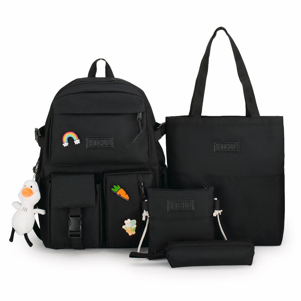 Sac à dos 4 pièces à joli motif avec pendentif canard - noir