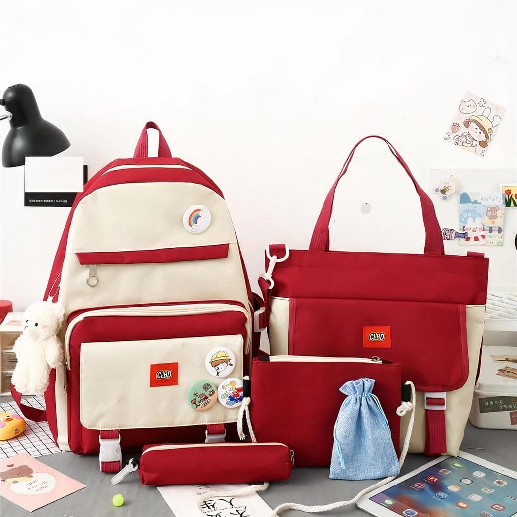 Sac à dos 5 pièces bicolore avec peluche ours - rouge