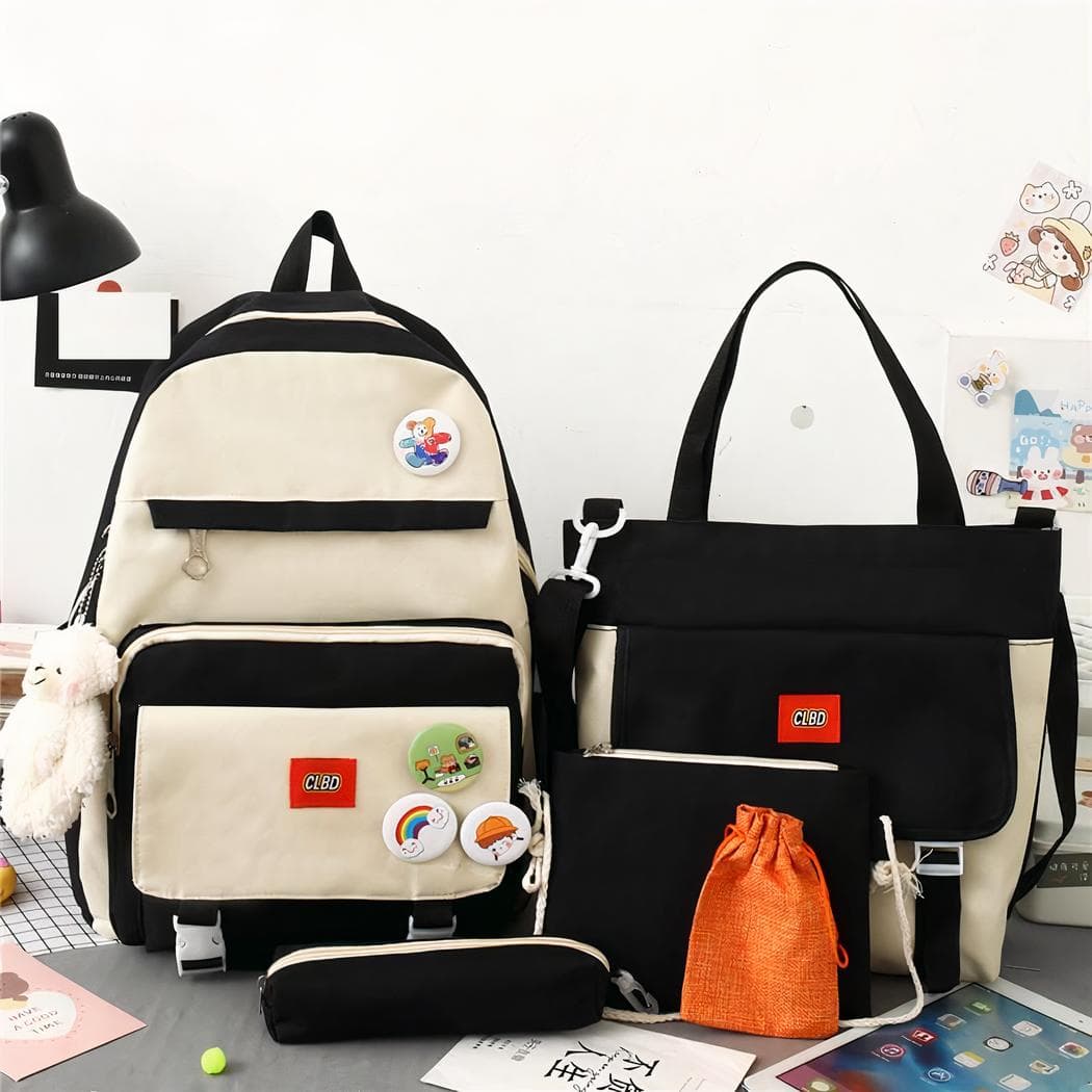 Sac à dos 5 pièces bicolore avec peluche ours - noir