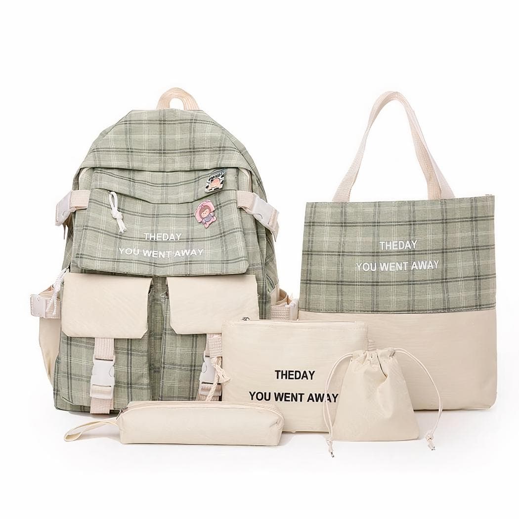 Sac à dos carreaux 5 pièces avec inscription - vert