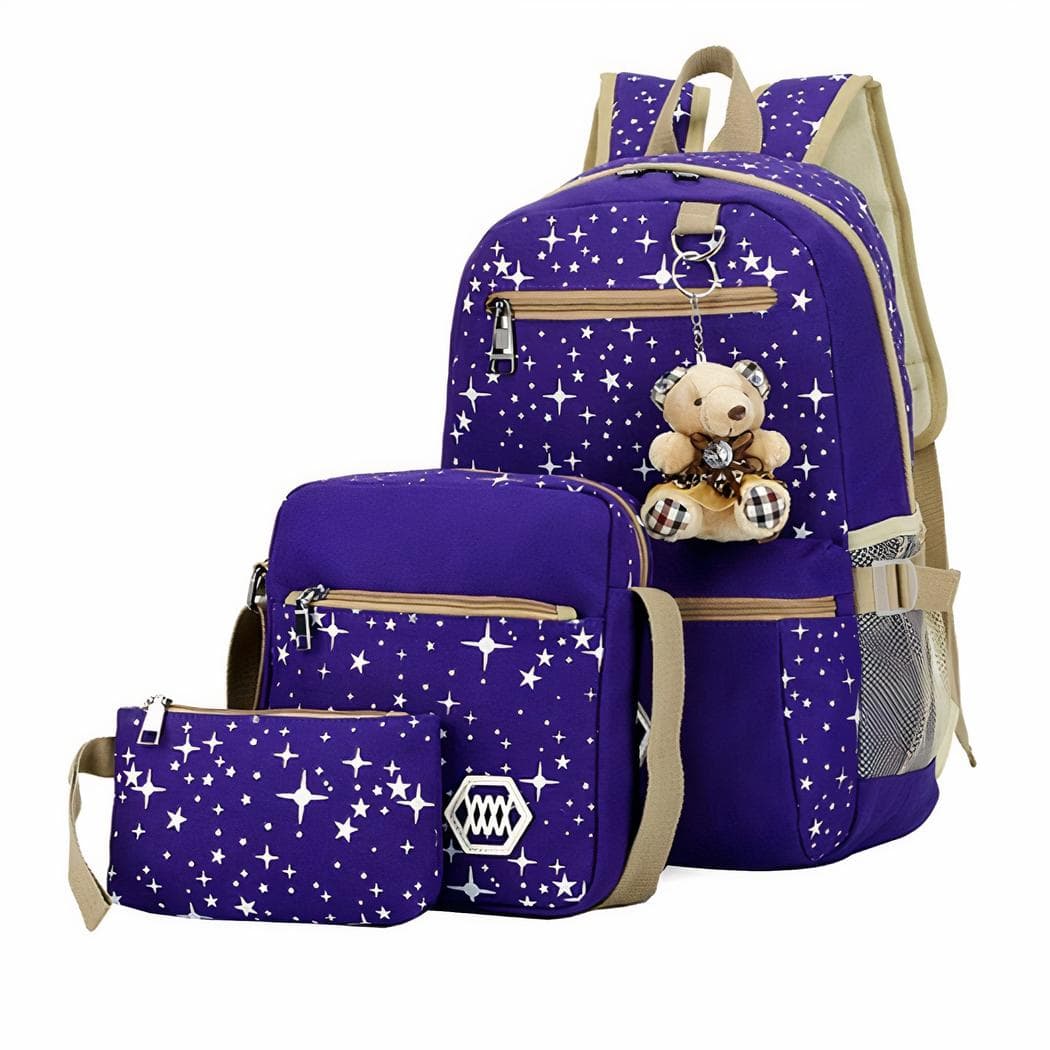 Sac à dos motif étoiles avec pendentif ours - violet