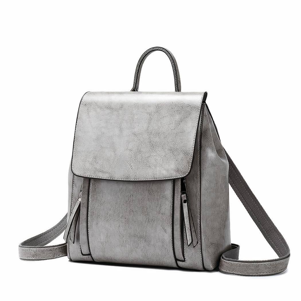 Sac à dos à bandoulière en cuir véritable pour femme - gris