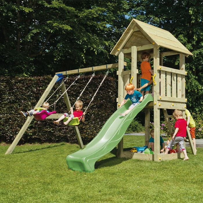 Aire de jeux en bois avec toboggan et balançoire - Kiosk + Module Swing-BLUE RABBIT