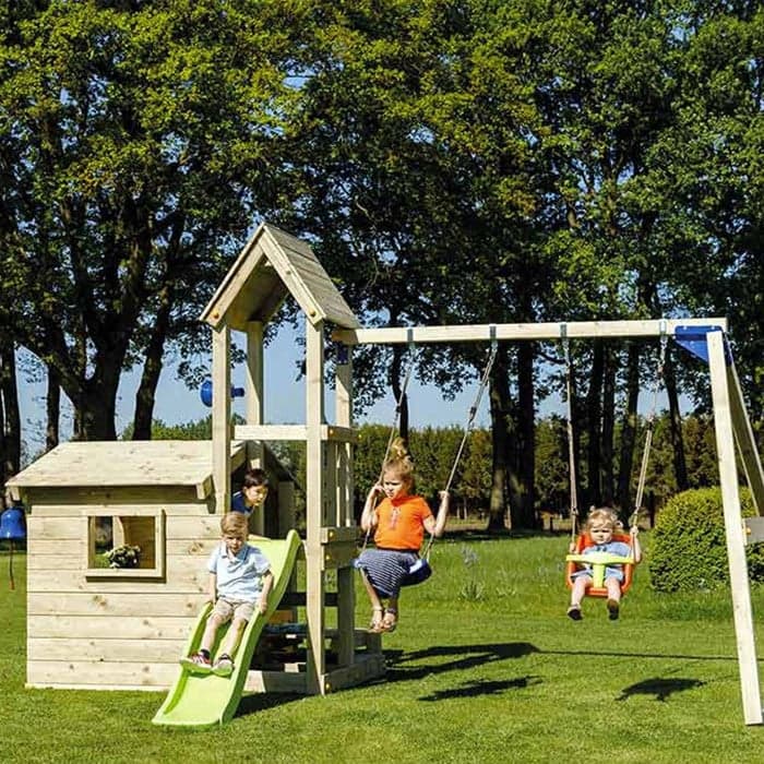 Aire de jeux en bois avec toboggan et balançoires - Lookout et Swing-BLUE RABBIT