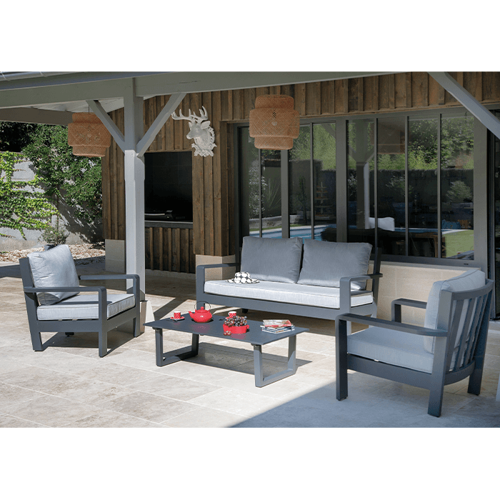 Salon bas de jardin aluminium et tissu (canapé + fauteuils + table basse) - Patiras - 4 places-PROLOISIRS
