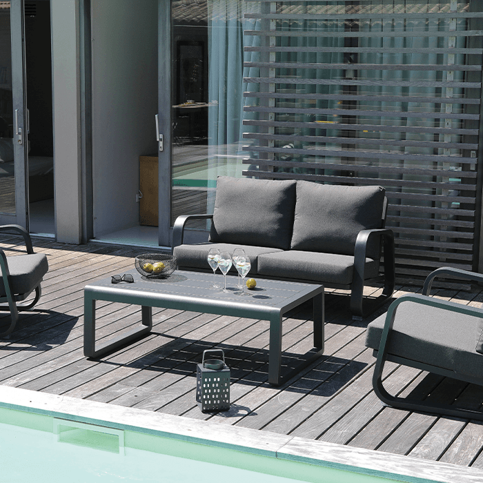 Canapé de jardin aluminium et tissu - 2 places + table basse rectangulaire - Antonino-PROLOISIRS