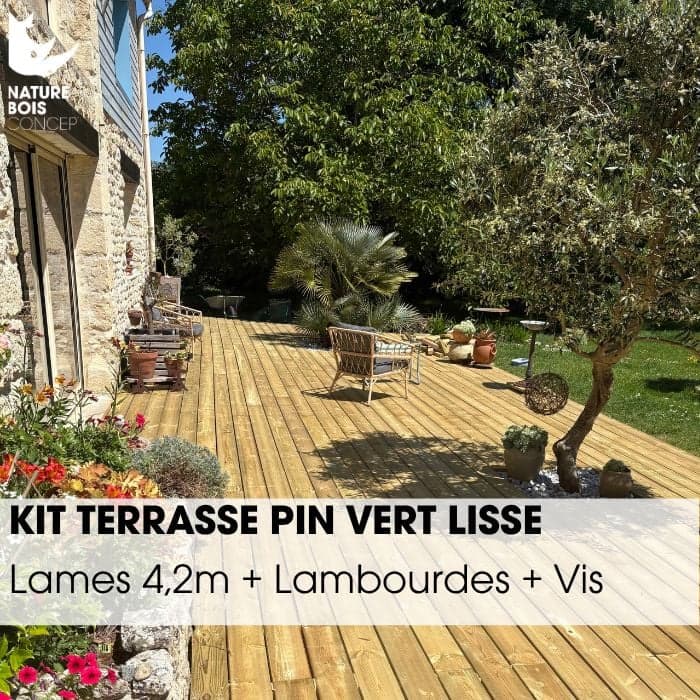 Kit terrasse complet - PIN VERT - AB LISSE - Ep.27 mm x l.145 mm - L.4,2 m - À partir de 10 m²-NATURE BOIS CONCEPT