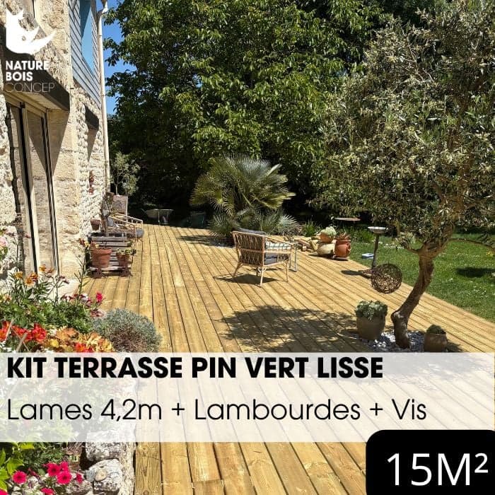 Kit terrasse complet - PIN VERT - AB LISSE - Ep.27 mm x l.145 mm - L.4,2 m - À partir de 10 m²-NATURE BOIS CONCEPT
