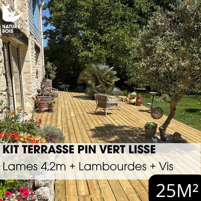 Kit terrasse complet - PIN VERT - AB LISSE - Ep.27 mm x l.145 mm - L.4,2 m - À partir de 10 m²-NATURE BOIS CONCEPT