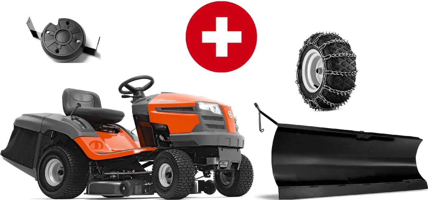 Husqvarna Rasentraktor TC 138L Winterpaket mit Schneeschild, Gummileiste, Gewicht und Schneeketten – Modell 2023-Neu