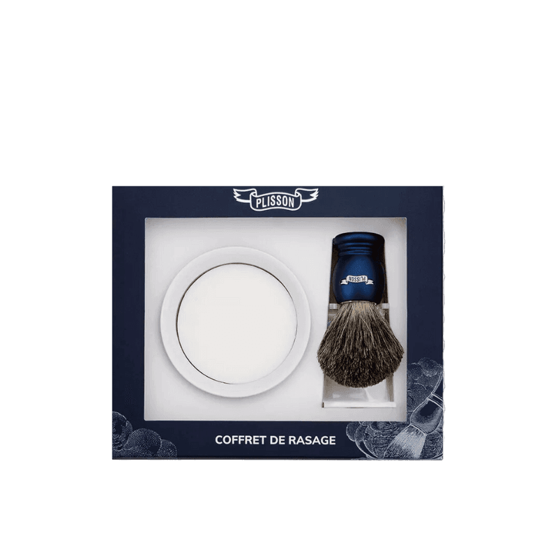 Set 3 pièces : blaireau gris de Russie, support plexiglas, bol porcelaine et savon - bleu nuit