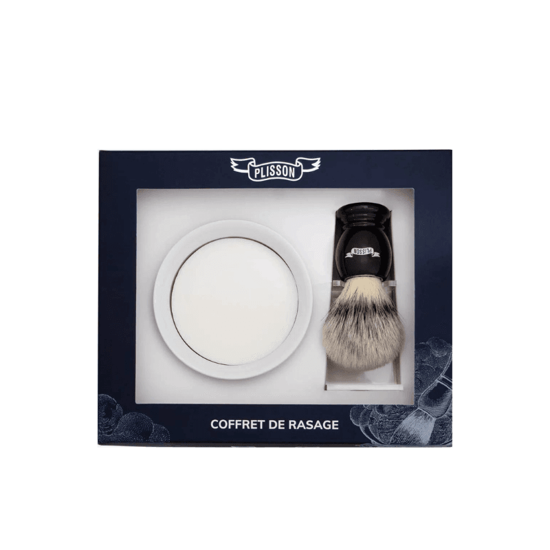 Set 3 pièces : blaireau fibre blanc haute montagne, support plexiglass, bol porcelaine et savon