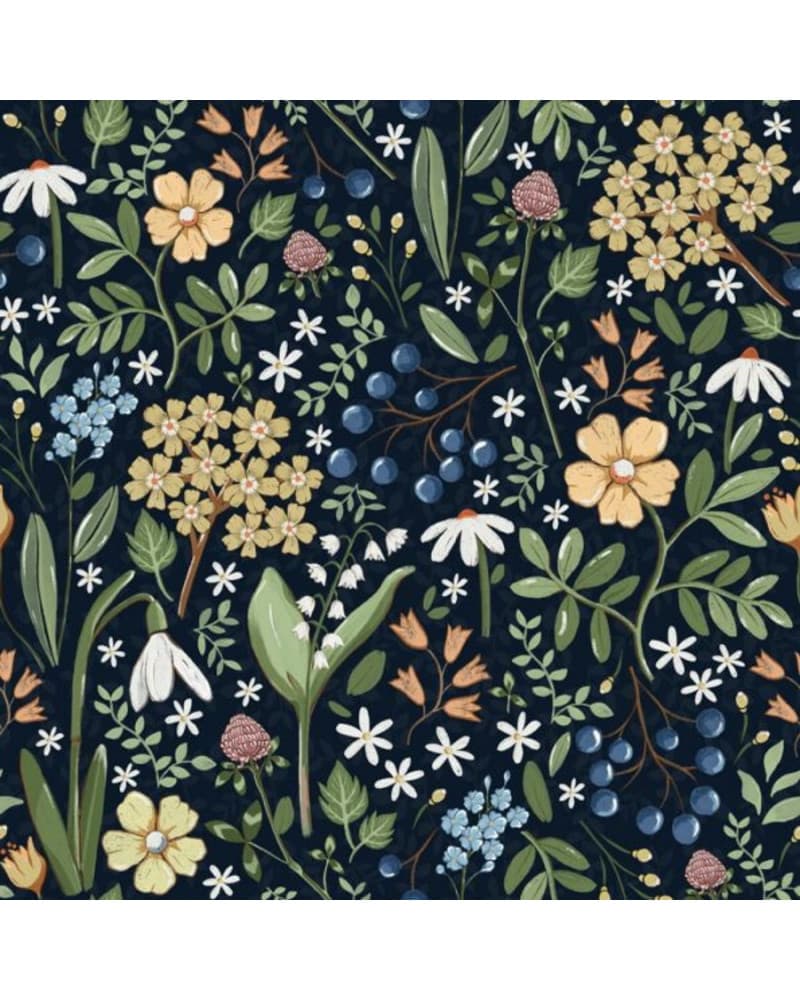 Papier peint enfant fleurs de champs dans les tons bleu foncé