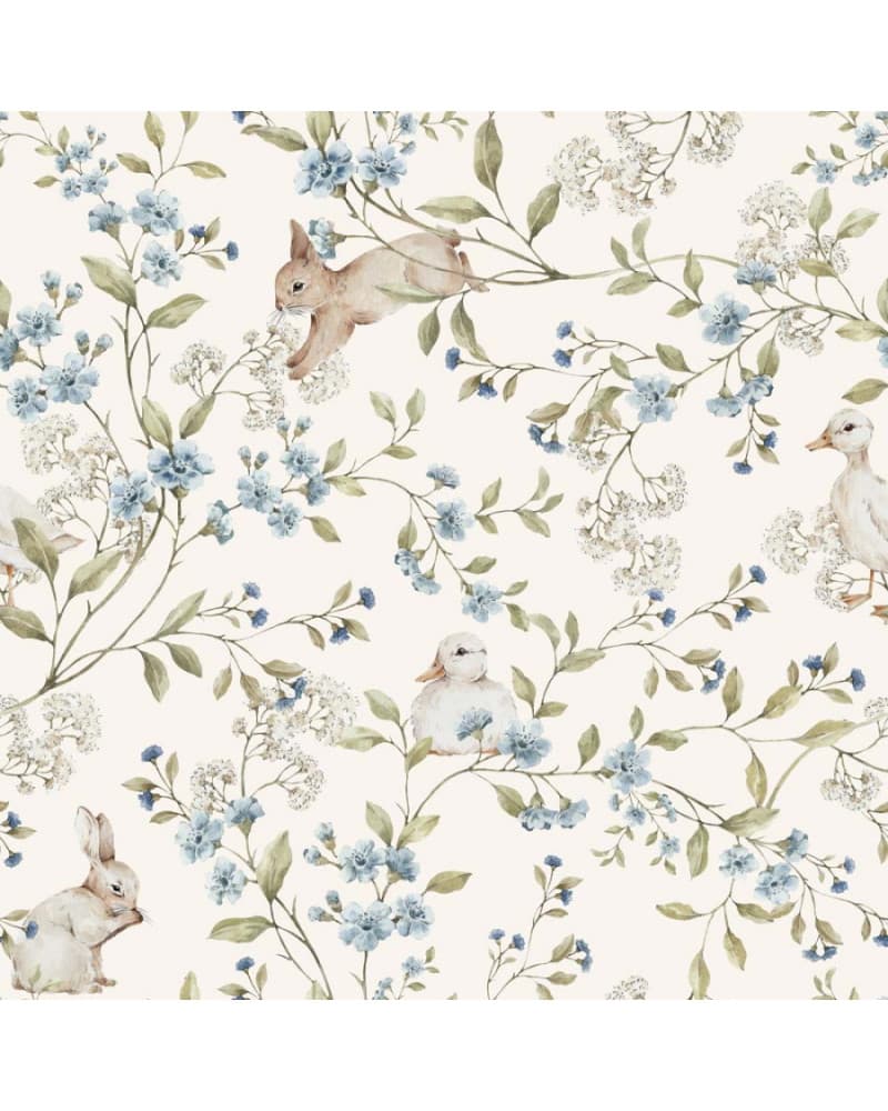 Echantillon papier peint enfant animaux des prés avec lapins et