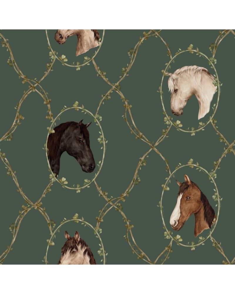 Papier peint enfant chevaux - fond vert profond