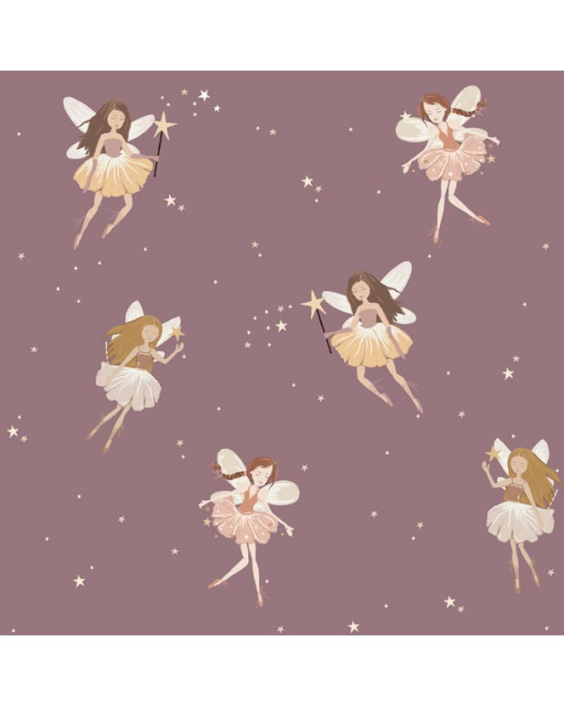 Papier peint enfant petites fées - fond prune