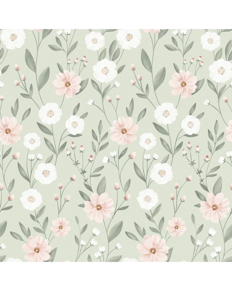 Papier peint enfant - éclosion florale fond vert - Lilipinso