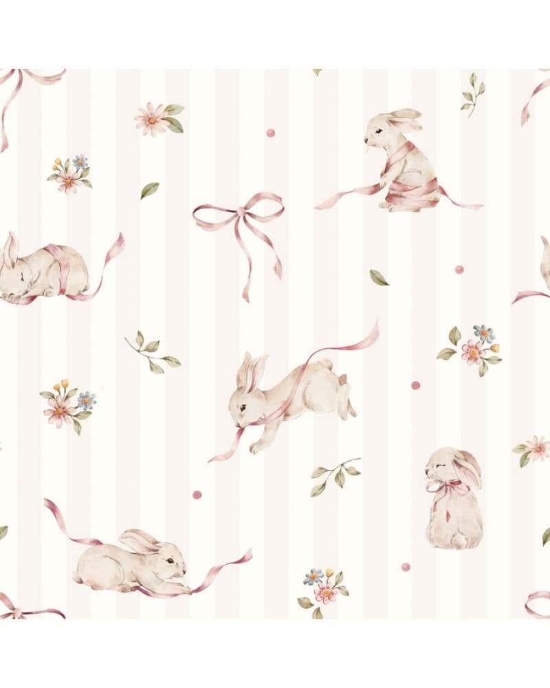 Echantillon Papier peint enfant petits lapins roses sur fond Ă rayures