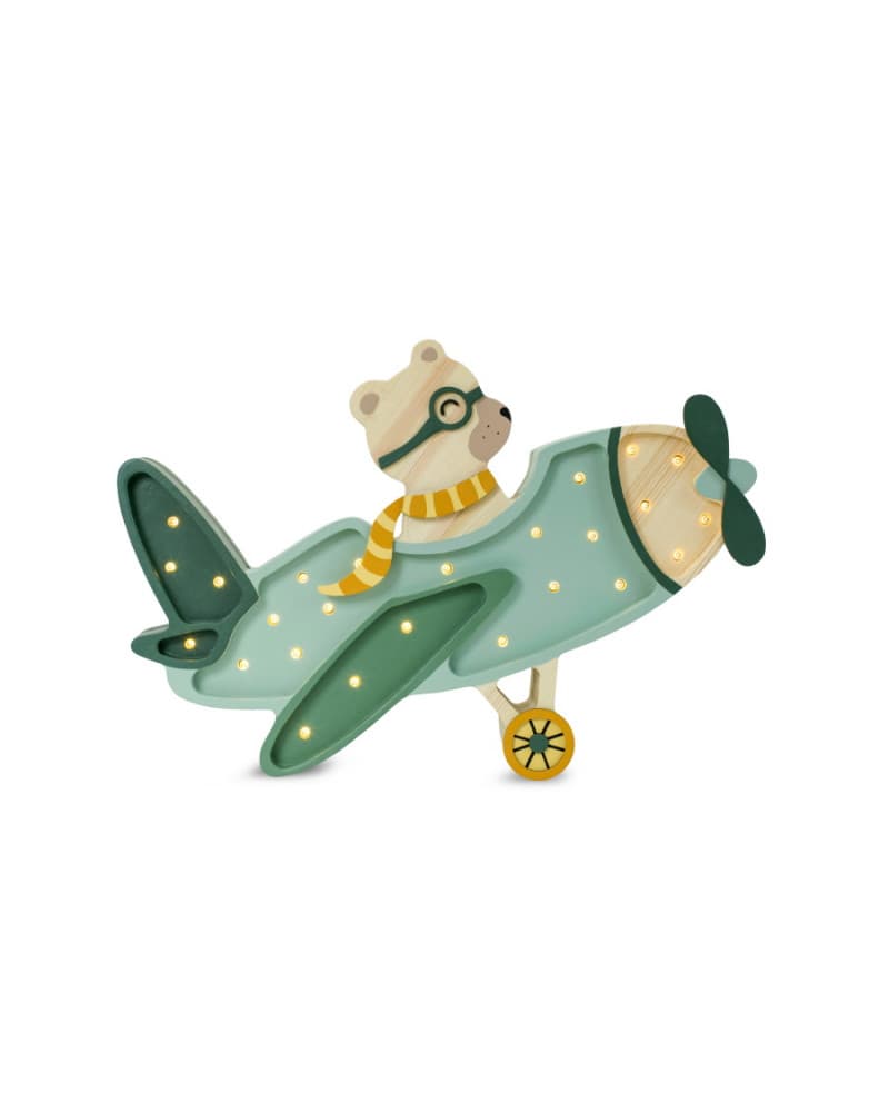Lampe veilleuse en bois avion vintage avec ourson - khaki pastel