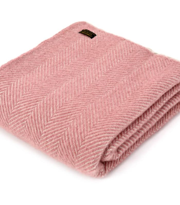 Plaid 100% Laine Chevrons Rose Pâle et Perle