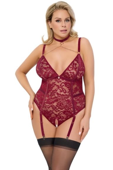 Body bijoux rouge foncé porte jarretelles - Cottelli 3XL